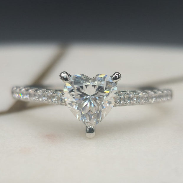 Pave Heart Shaped Cut Moissanite Engagement Ring