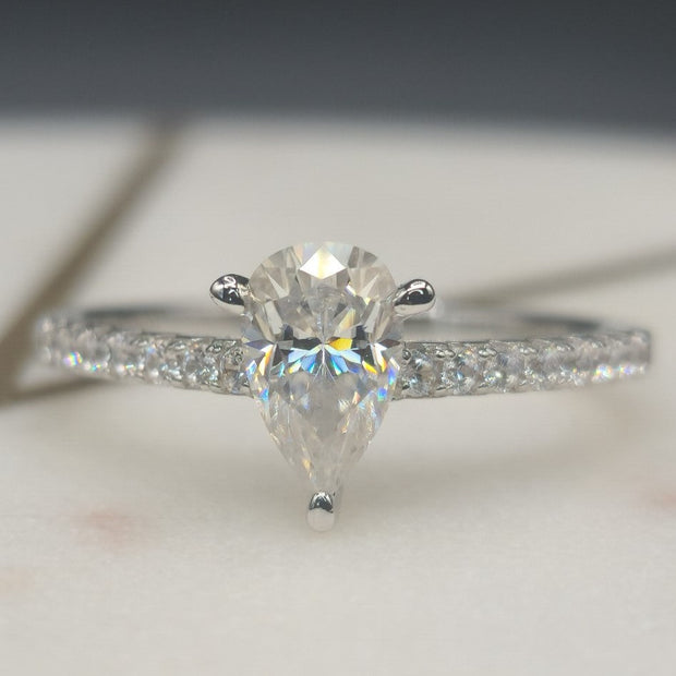 Pave Pear Shaped Cut Moissanite Engagement Ring