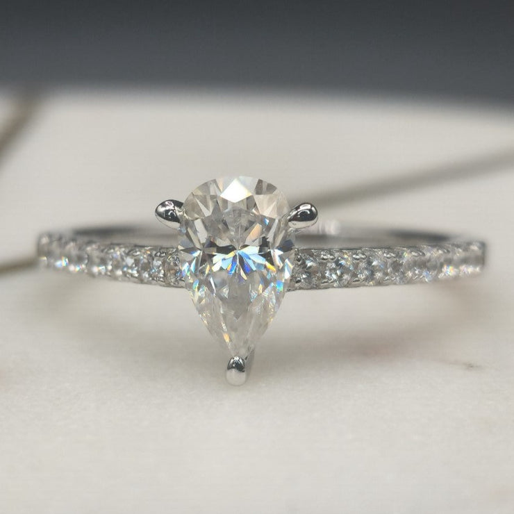 Pave Pear Shaped Cut Moissanite Engagement Ring