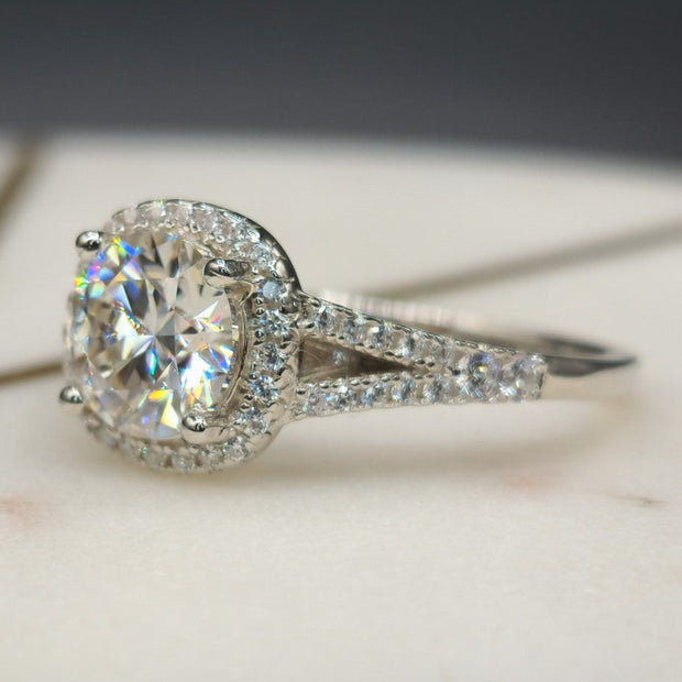 Split Shank Halo Moissanite Engagement Ring