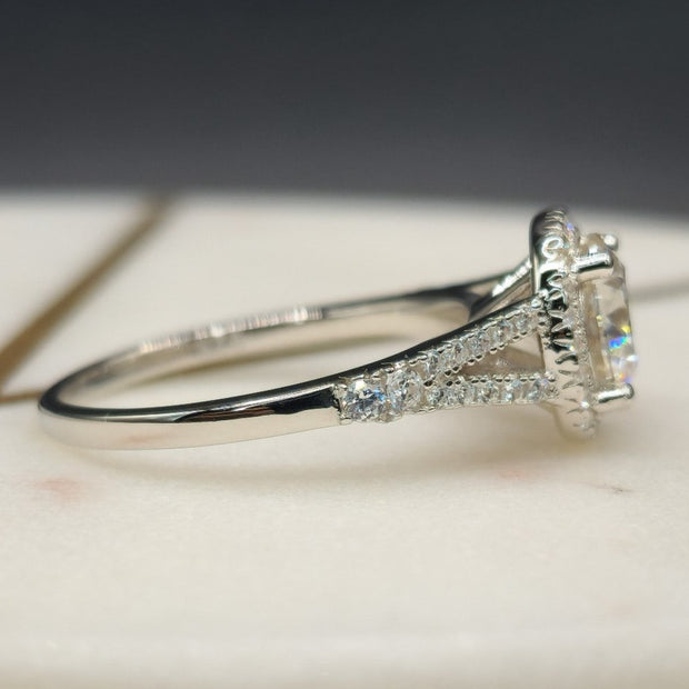 Split Shank Halo Moissanite Engagement Ring