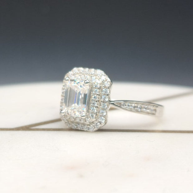 Double Halo Emerald Cut Moissanite Ring