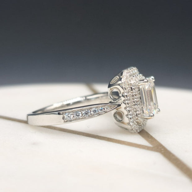 Double Halo Emerald Cut Moissanite Ring