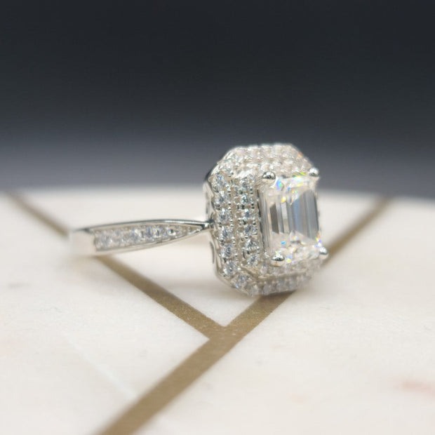 Double Halo Emerald Cut Moissanite Ring