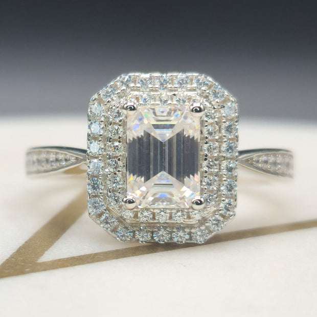 Double Halo Emerald Cut Moissanite Ring