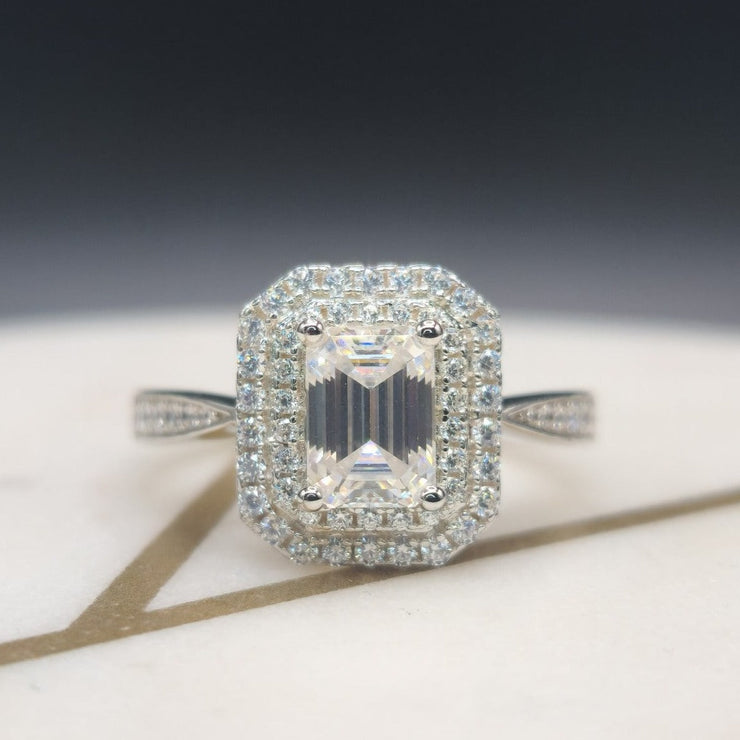 Double Halo Emerald Cut Moissanite Ring