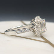 Double Halo Emerald Cut Moissanite Ring